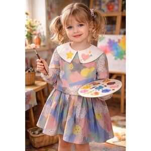 Raspberry Plum Girls 5-6Y Colorful Patchwork‎ Art Smock Dress Star Heart Collar